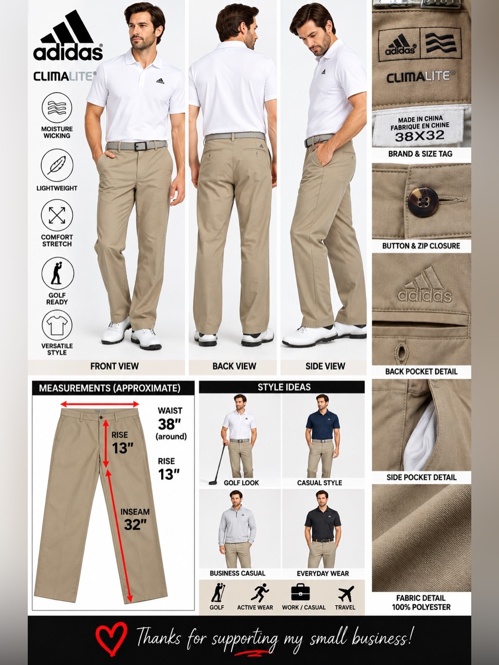 Adidas ClimaLite Golf Pants Men’s 38x32 Khaki Tan Performance Straight Leg